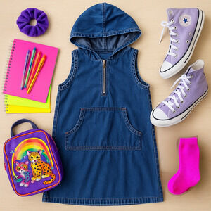 Vintage 90s GAP Girls Denim Hoodie Jumper Dress | Kangaroo Pocket | Size L 10-12